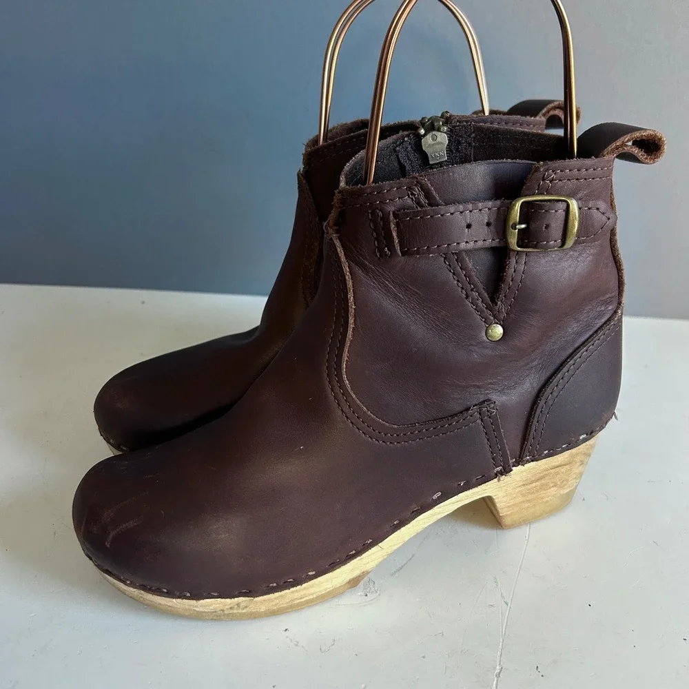 No 6 clog ankle boots size 8 / 38 brown Moto Leather Wood Heel Buckle Swedish - Picture 4 of 14